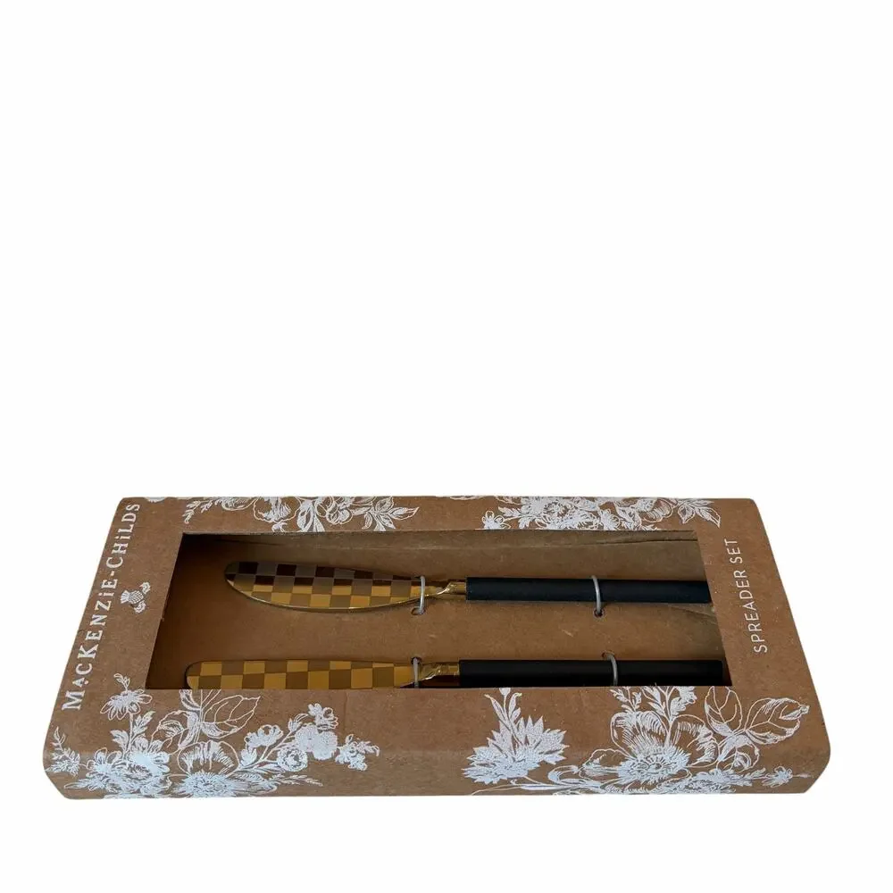 NEW Mackenzie-Childs Black Spreader Set of 2 Black & Gold Checked